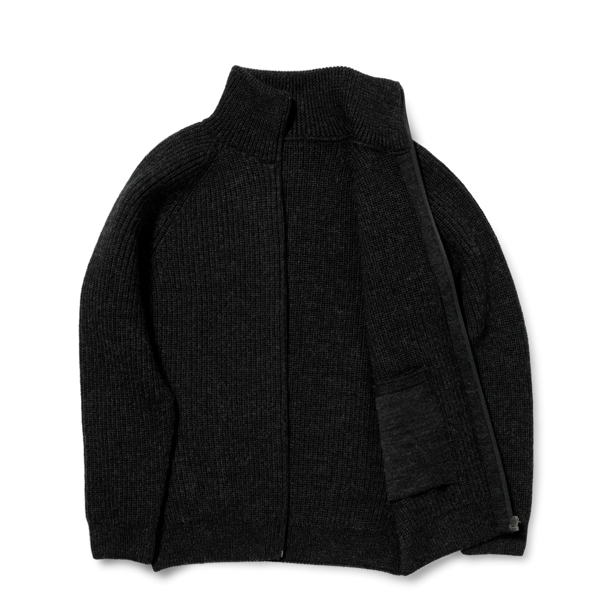 Strickjacke 7013 dunkelgrau von halfs X indnat – nahtlos in Deutschland im Perlfang aus Bio-Merinowolle gestrickt, mit Zipper und Stehkragen